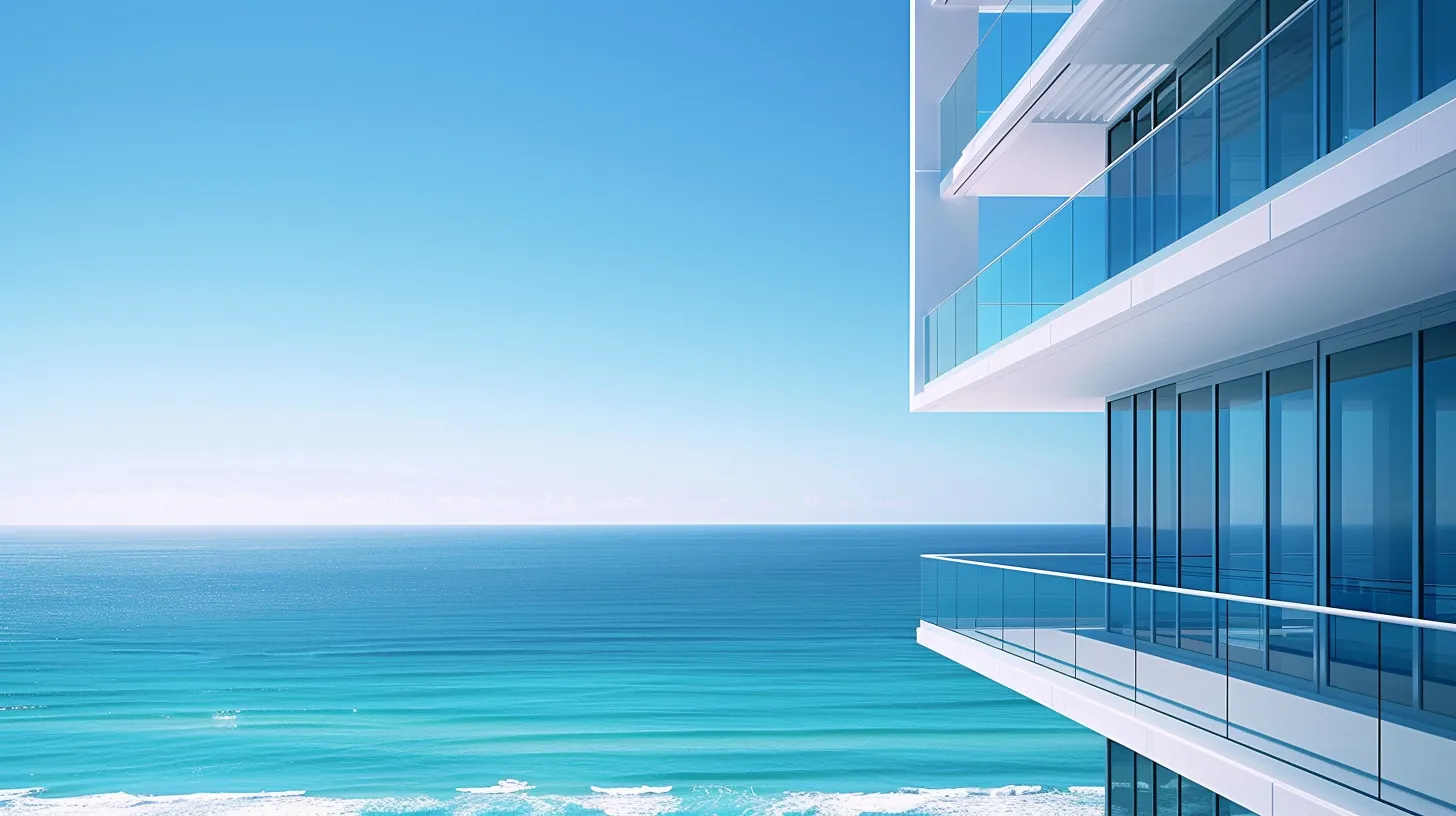 a luxurious miami beachfront property stands boldly against a clear blue sky, showcasing sleek modern architecture with expansive glass windows that reflect the sparkling ocean waves below, evoking a sense of upscale coastal living.
