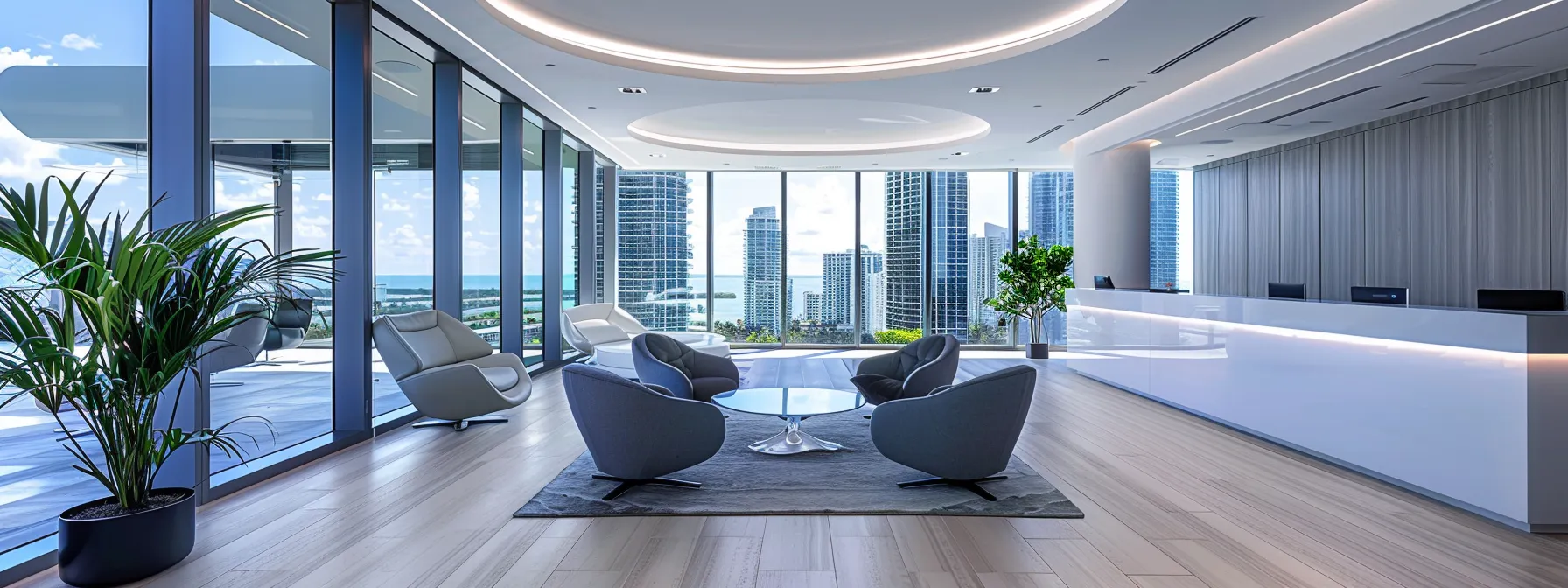 a sleek miami real estate office showcases a dynamic realtor confidently engaging with clients against a backdrop of modern high-rise buildings and vibrant beach views, encapsulating the energetic essence of the city's real estate market.