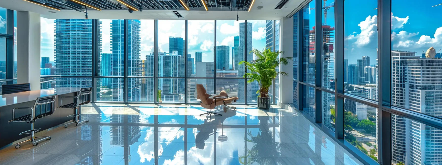 a sleek miami real estate office with panoramic views of modern high-rise buildings and a vibrant city skyline, capturing the essence of strategic home buying in an urban setting.