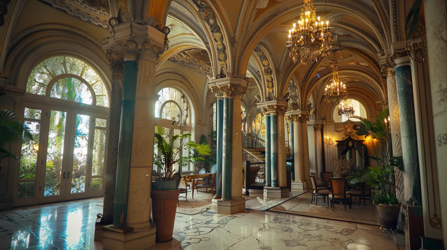 a striking interior of a lavish historic miami beach mansion, showcasing ornate architectural details, elegant furnishings, and vibrant colors that capture the opulence and uniqueness of the property.