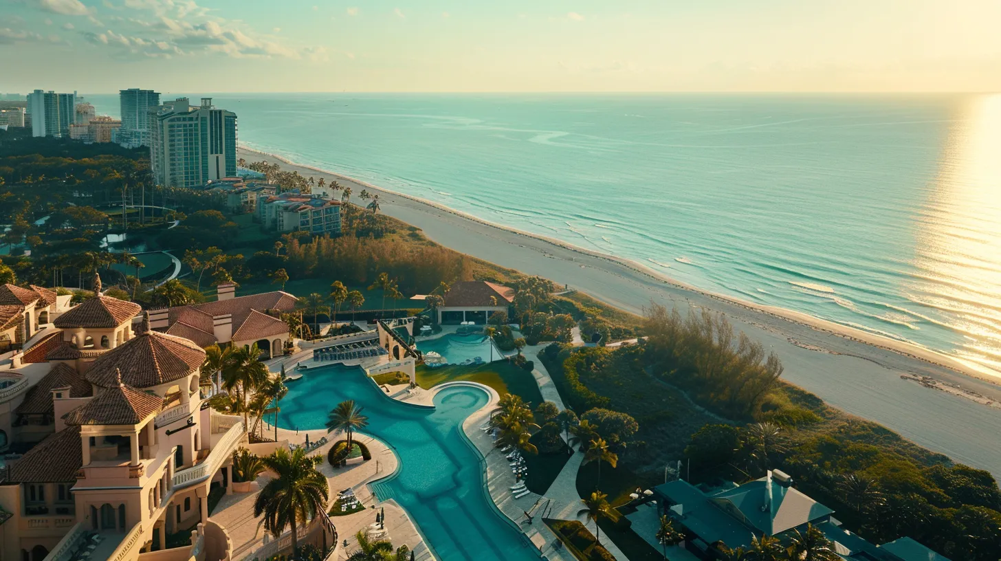 a stunning aerial view of a sprawling miami beach luxury estate, showcasing its opulent architecture and lavish pool, set against the vibrant backdrop of the sparkling ocean and clear blue sky.