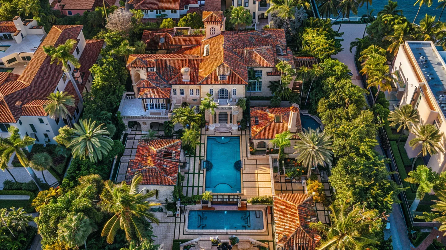 a stunning aerial view of historic miami beach mansions, showcasing their intricate architectural details against the vibrant backdrop of the coastline and urban skyline at sunset.