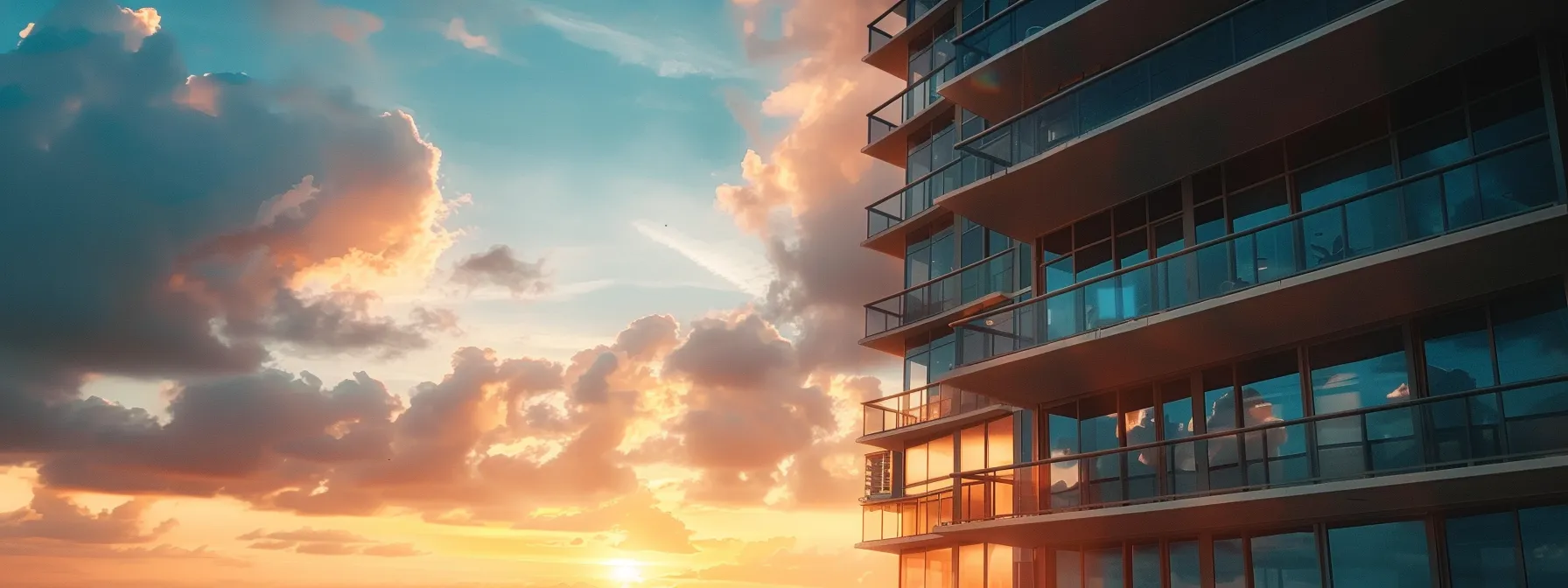 a stunning view of opulent luxury condominiums in miami's skyline, showcasing sleek modern architecture against a backdrop of a vibrant sunset and the shimmering coastline, exuding an irresistible allure.
