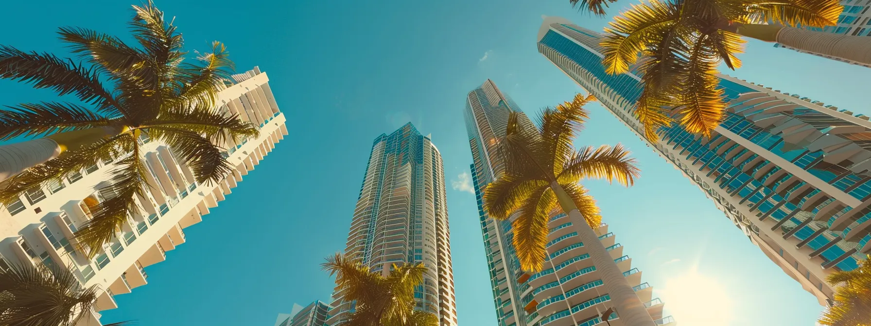 a vibrant urban scene featuring modern high-rise buildings against a clear blue sky, with stylish first-time homebuyers exploring miami’s unique real estate programs, framed by palm trees and the shimmering coastline in the distance.