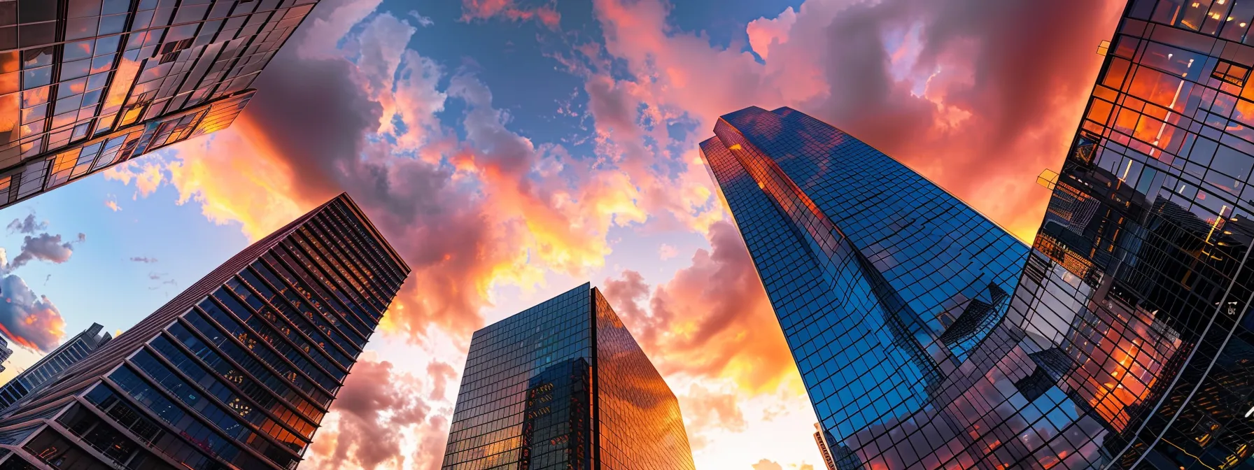 a dazzling skyline of miami featuring sleek, modern high-rises with reflective glass façades, framed against a vibrant sunset, evoking the luxurious urban lifestyle and coastal allure of the city.