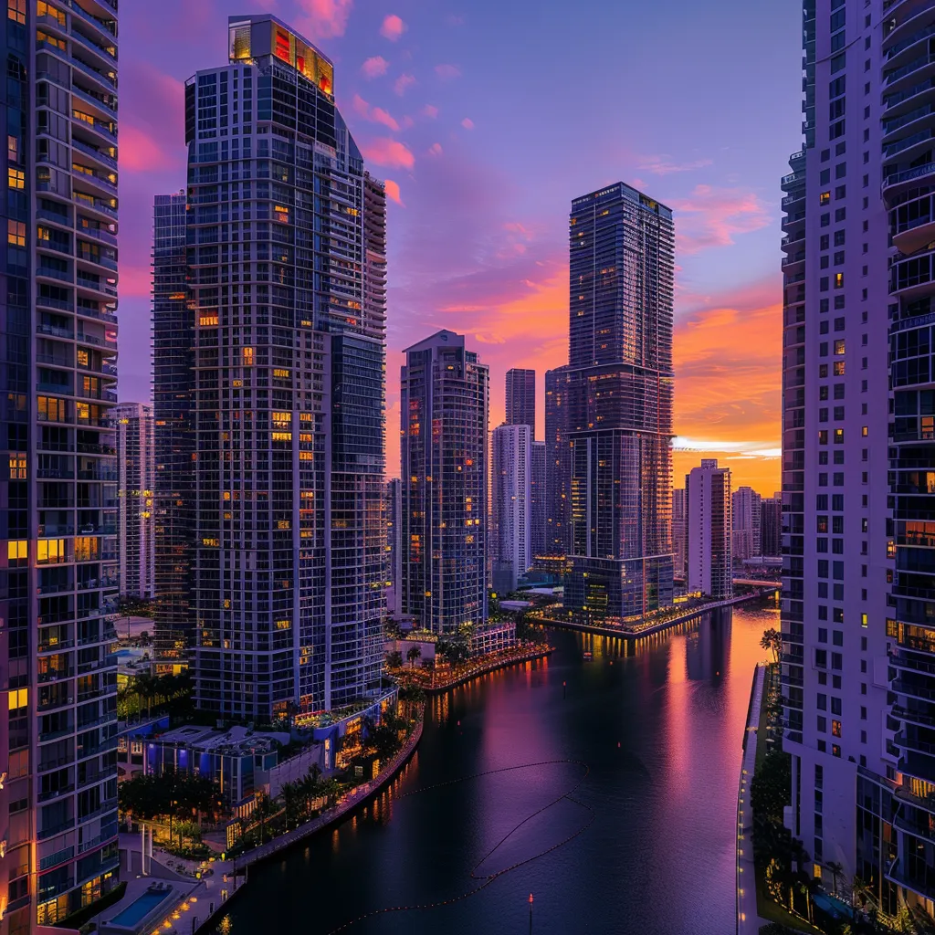 a panoramic view of a bustling miami skyline at sunset, showcasing iconic high-rise buildings reflecting vibrant hues of orange and purple, with modern residential developments in the foreground, emphasizing the allure of prime real estate for savvy buyers.