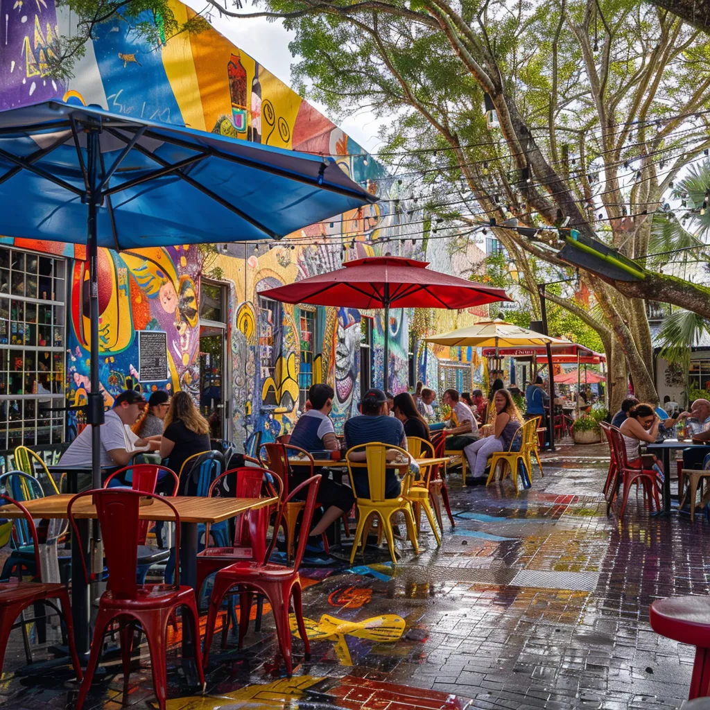 a vibrant miami street scene showcasing a bustling café with colorful outdoor seating, lively patrons enjoying unique beverages, and artistic murals adorning the walls, reflecting the eclectic flavors of the neighborhood.