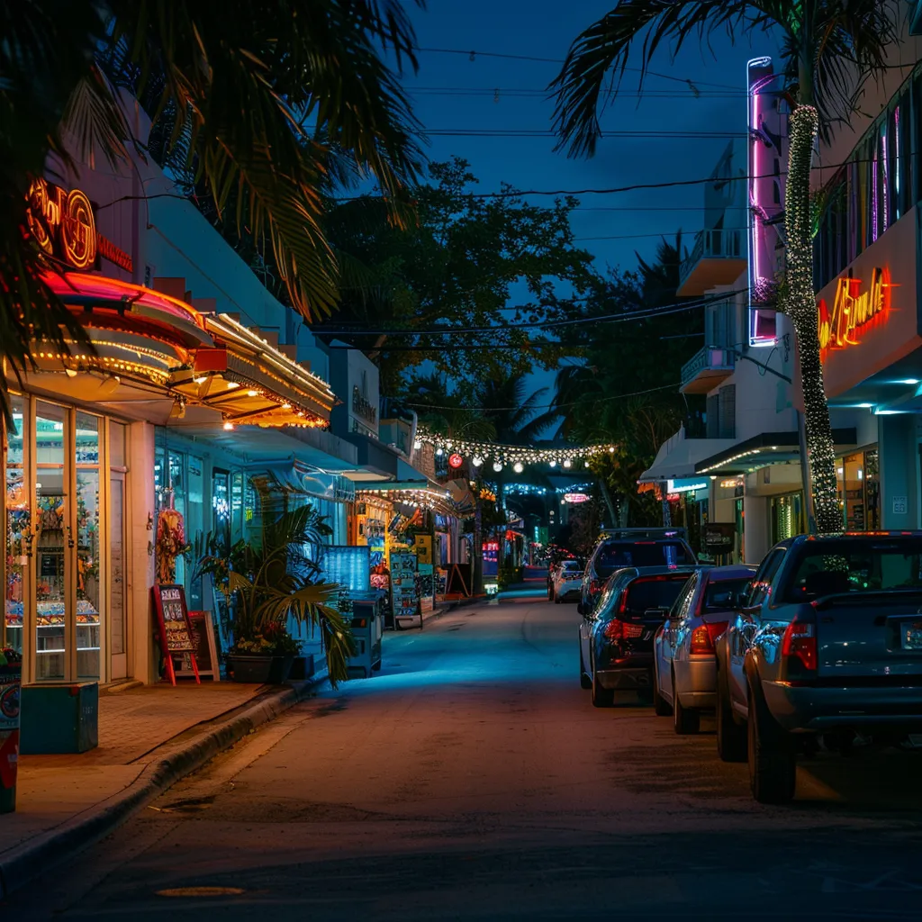 a vibrant street scene in a developing miami neighborhood, bustling with eclectic local shops showcasing colorful storefronts and unique merchandise, all under the glow of strategic urban lighting.