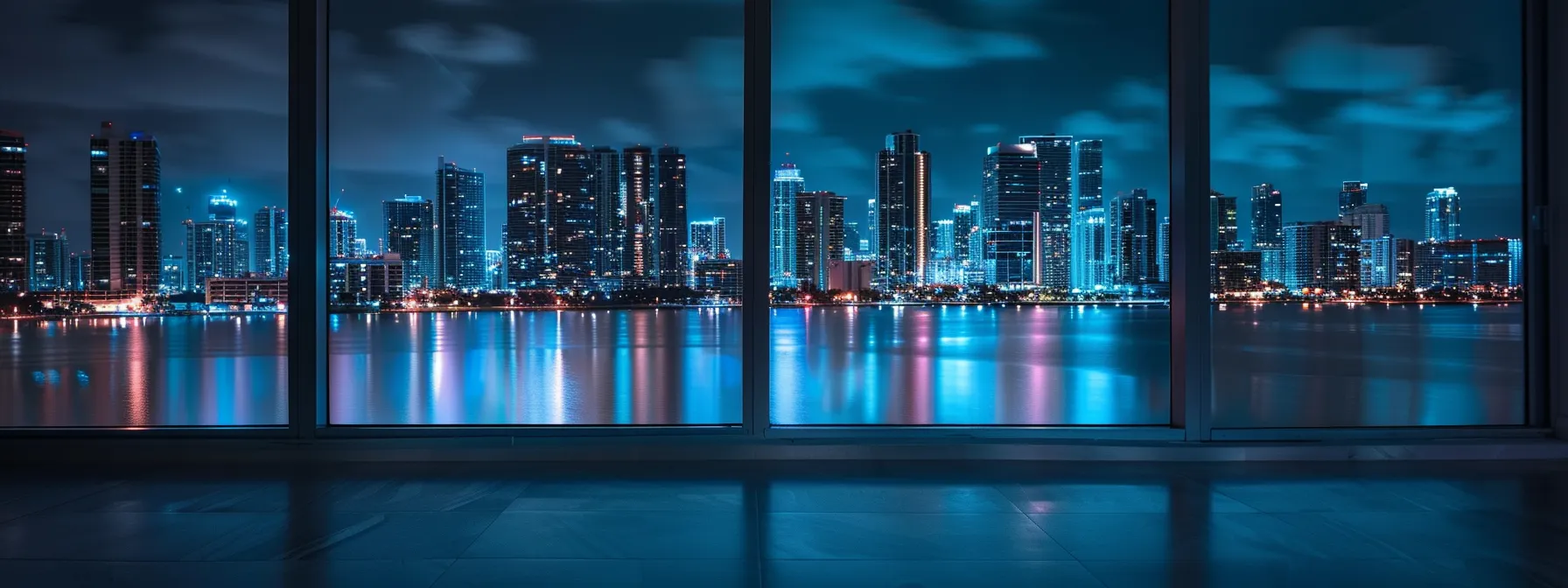 a sleek and modern miami condo interior showcases panoramic views of the vibrant city skyline, highlighted by shimmering ocean reflections and contemporary furnishings, exuding a luxurious lifestyle.