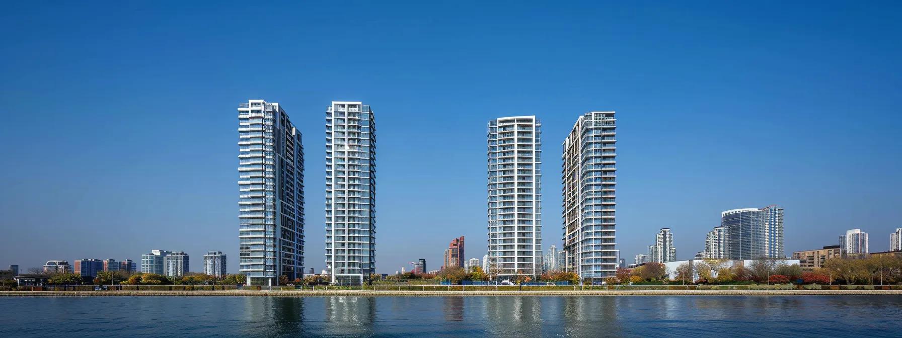a sleek, modern skyline of edgewater condos towers against a clear blue sky, reflecting the vibrant urban lifestyle of city living.