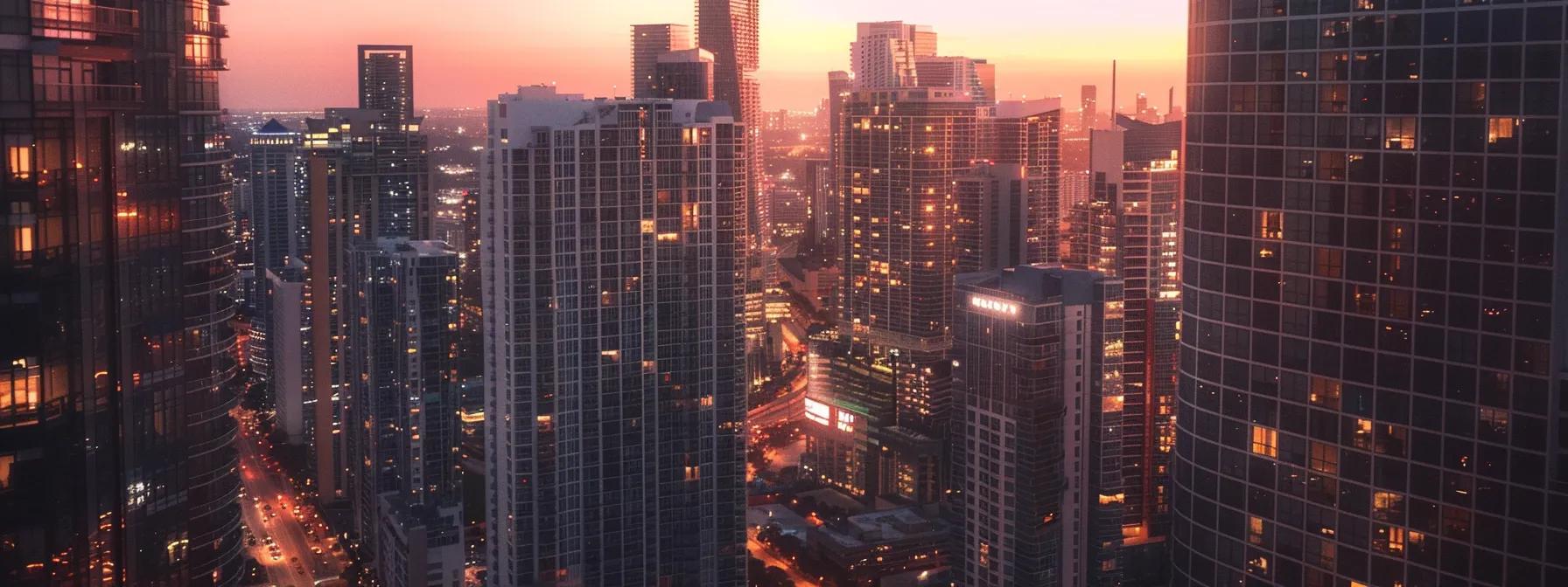 a vibrant miami skyline at sunset, showcasing luxurious high-rise condos with sleek glass facades, all framed by dynamic urban architecture and illuminated city lights reflecting the coastal lifestyle.