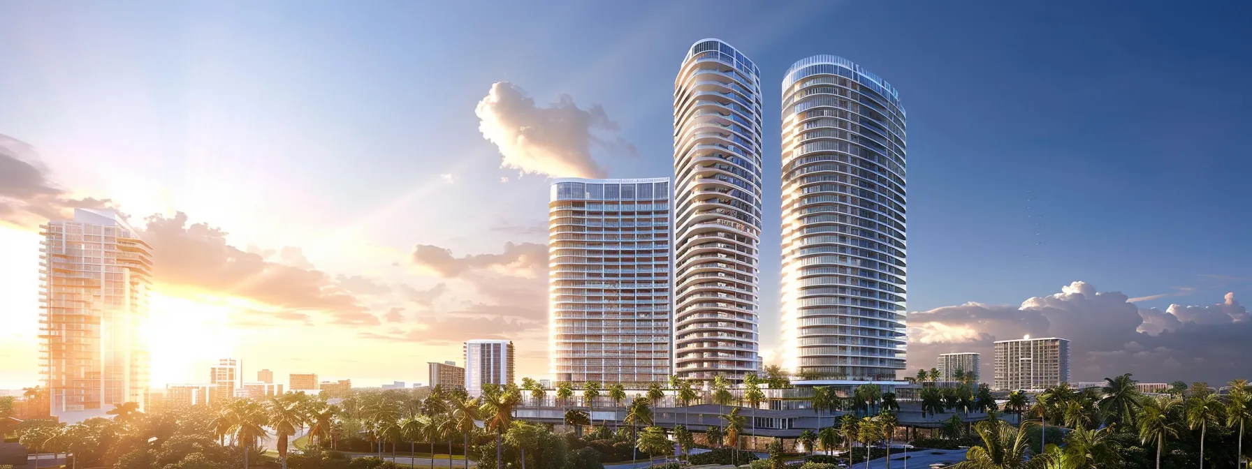 a vibrant miami skyline showcasing modern high-rise condos with sleek architecture, set against a backdrop of azure skies and iconic palm trees, exuding a lively urban energy.